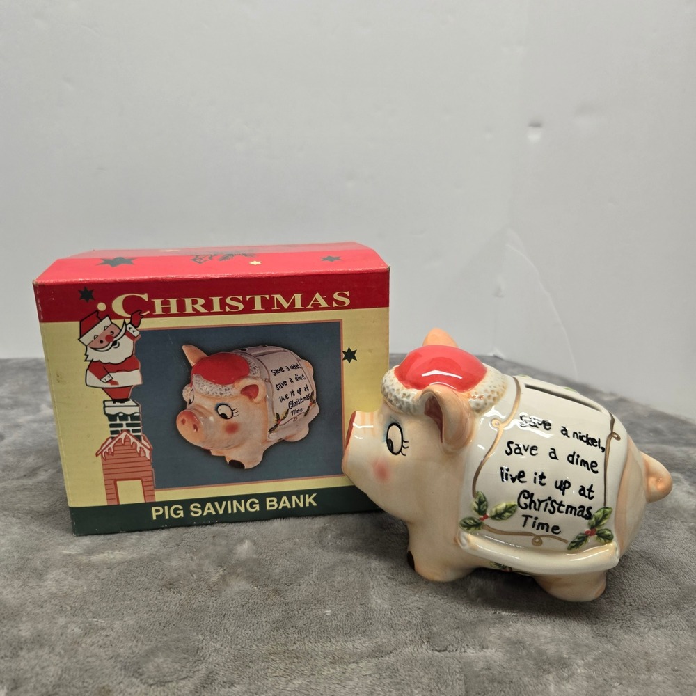 Cracker Barrel Christmas Pig Saving Bank Ceramic Santa Hat Piggy Bank with Box